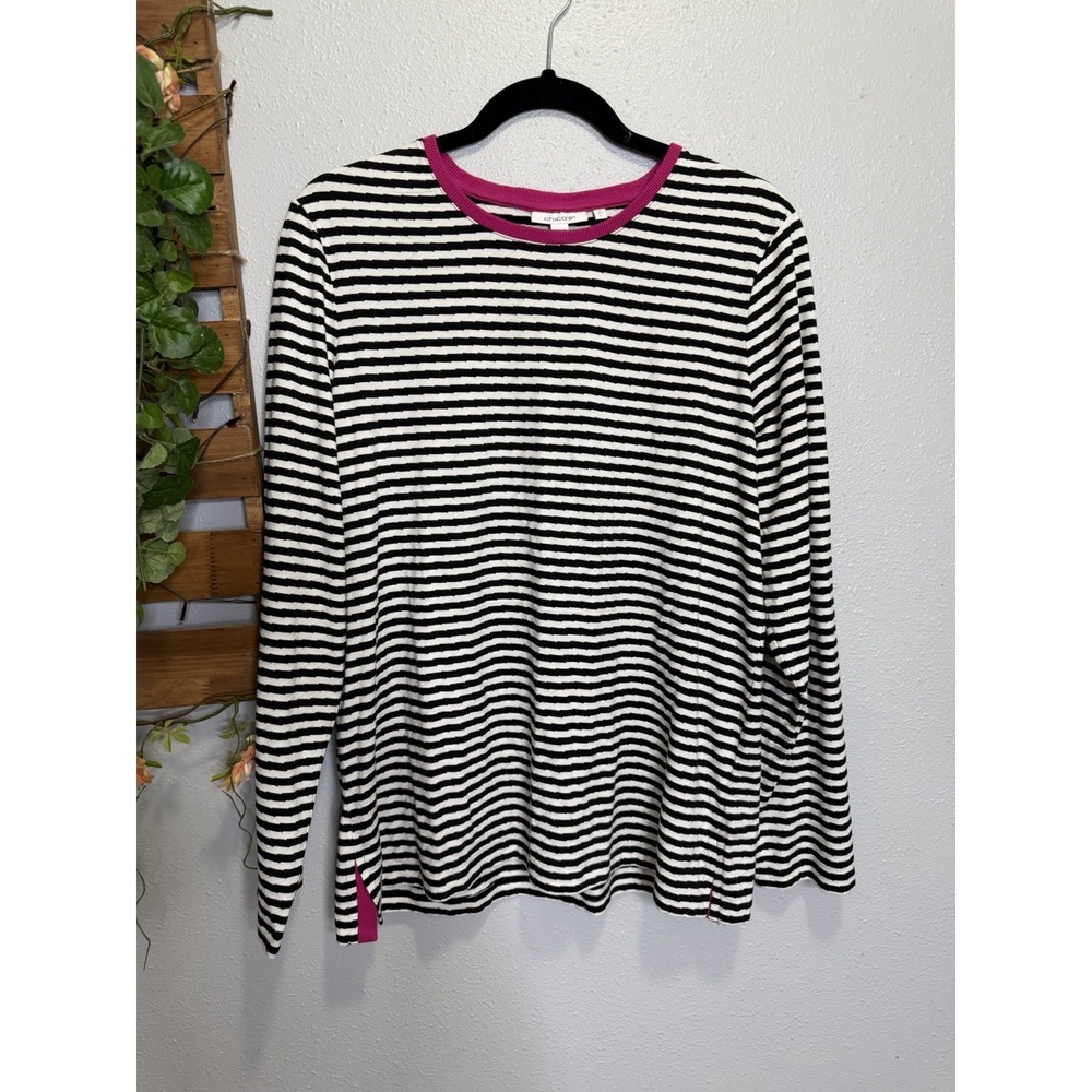 Chicos Zenergy Top Womens Medium Black white Pink Striped Long Sleeve Pullover 2